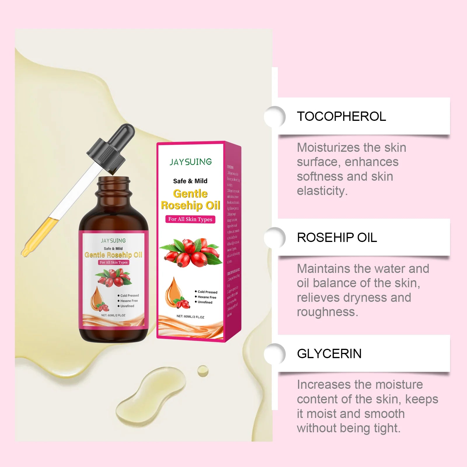 Rosehip Facial Oil Moisturizing Smoothing Skin Relieves Dryness Discomfort Enhances Softness Elasticity Anti-Aging Essence Oil