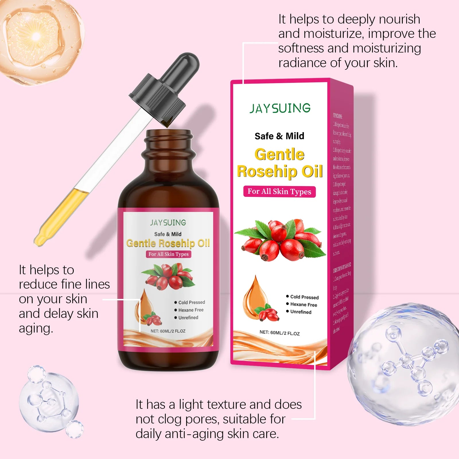 Rosehip Facial Oil Moisturizing Smoothing Skin Relieves Dryness Discomfort Enhances Softness Elasticity Anti-Aging Essence Oil