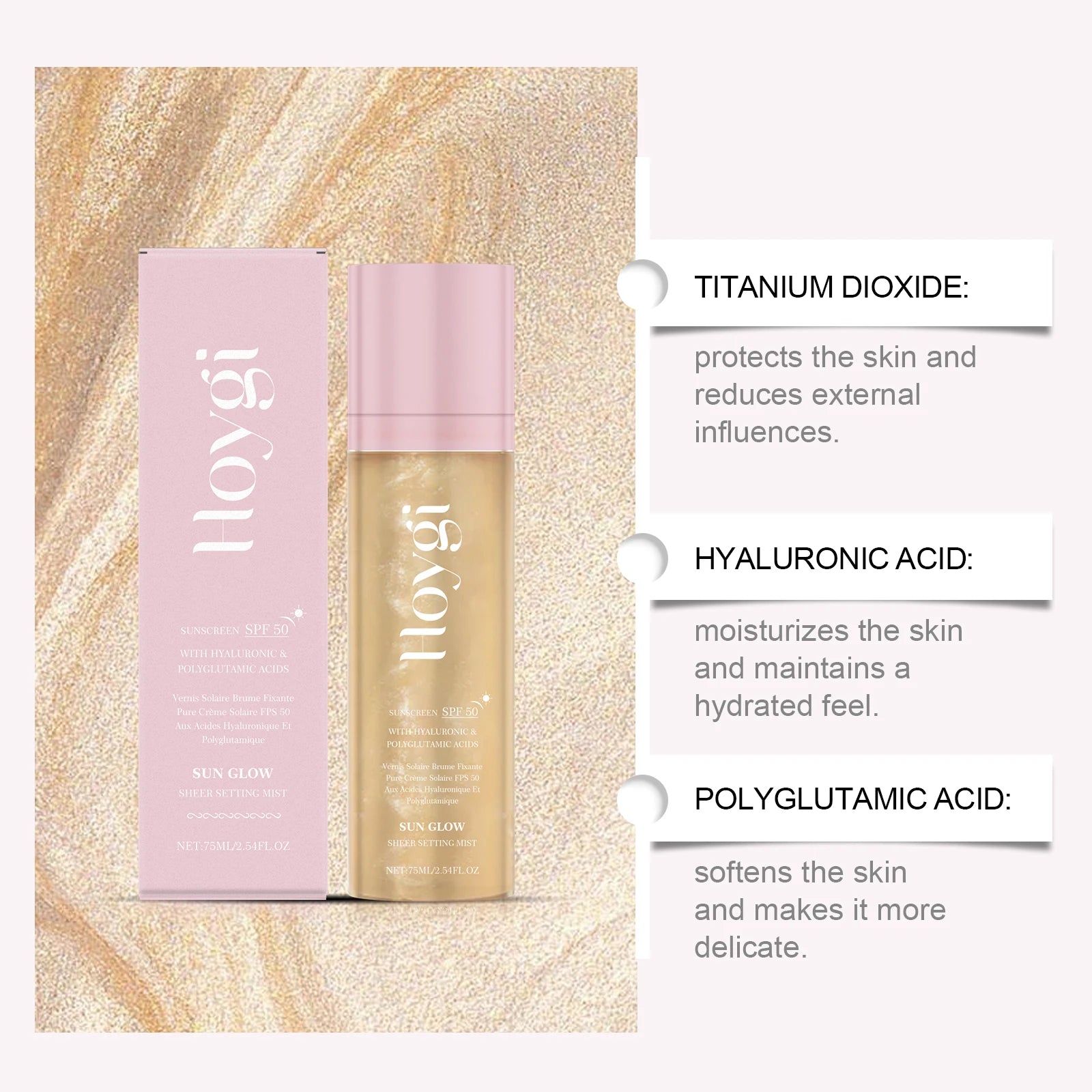 Hoygi 75ML SPF 50 Sheer Setting Mist Hydrating Glow Mist with Shimmering Oil Reef Safe for Face Body Non Greasy Fast Absorbing