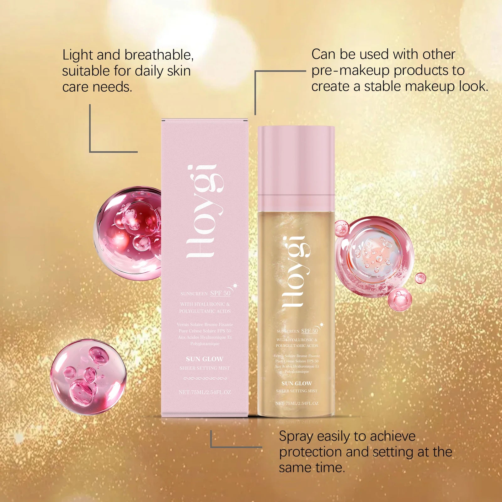 Hoygi 75ML SPF 50 Sheer Setting Mist Hydrating Glow Mist with Shimmering Oil Reef Safe for Face Body Non Greasy Fast Absorbing